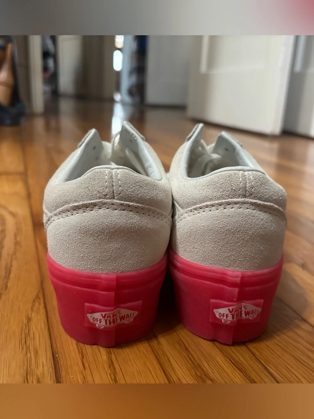 Vans White Suede Platform Sneakers with Pink Sole